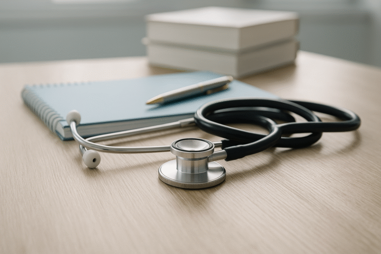 A stethoscope lies on a wooden desk next to a blue spiral notebook and a silver pen, with two stacked white books in the background, suggesting a medical or academic setting.