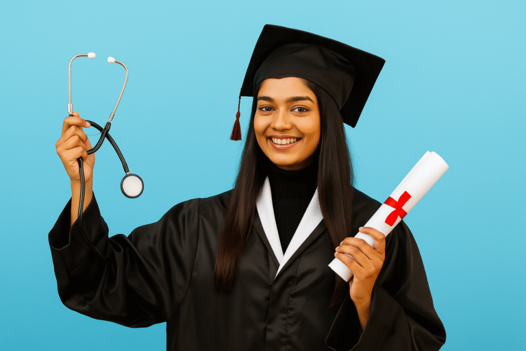MBBS Scholarships: A young Indian doctor wearing a black graduation gown and cap smiles proudly while holding a stethoscope in one hand and a rolled-up diploma tied with a red ribbon in the other, standing against a light blue background.