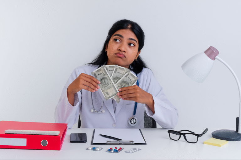 A young Indian female doctor sitting at a desk, holding multiple ₹500 Indian currency notes in both hands with a thoughtful expression. The desk has medical items like pills, a stethoscope, glasses, a smartphone, and a table lamp, symbolizing the financial aspects of a medical career in India.