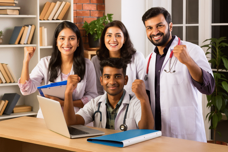 A group of four Indian medical graduates from the best MBBS colleges in India celebrate together in a modern study room, wearing white lab coats with stethoscopes, smiling and raising their fists in excitement, gathered around a laptop and medical files on a wooden desk.