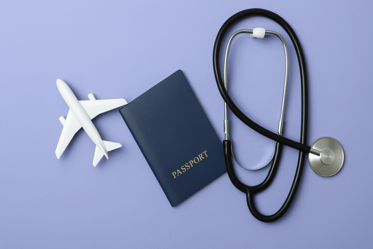 A flat lay image showing a toy airplane, a blue passport, and a black stethoscope on a light purple background, symbolizing the comparison of MBBS in India vs MBBS Abroad and the concept of medical education or travel.