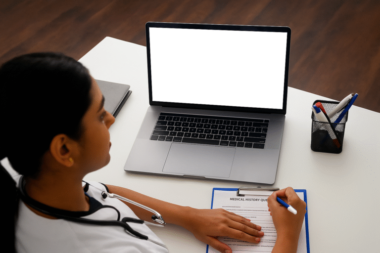 An Indian female healthcare professional is seated at a white desk, filling out a medical history questionnaire on a clipboard while facing an open laptop with a blank white screen. She is wearing a stethoscope around her neck and appears focused, with various office supplies, a notebook, and pens visible on the desk.