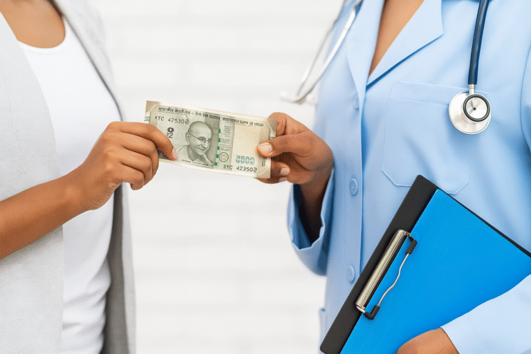 A close-up of an intern taking a ₹500 Indian currency note from a doctor in a blue lab coat with a stethoscope and ID badge, symbolizing the concept of internship salary during MBBS in India.