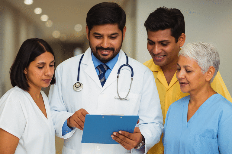 A group of diverse Indian healthcare professionals, including doctors and nurses, discussing a medical chart in a hospital corridor. This image represents teamwork and guidance in the medical field, relevant to the topic How to become a doctor in India.