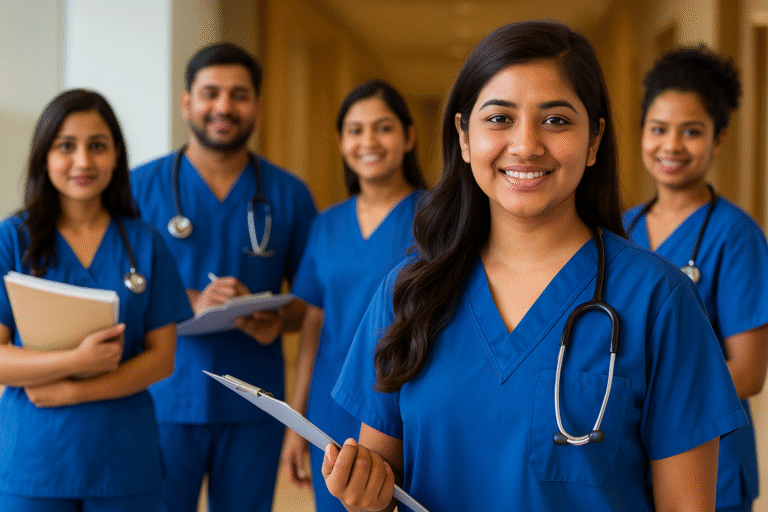 A group of five Indian medical students in blue scrubs stand confidently in a hospital corridor, with one smiling woman holding a clipboard in the foreground, symbolizing teamwork, clinical readiness, and the importance of medical internships in shaping future healthcare professionals.