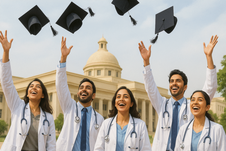Group of Indian medical graduates in white coats joyfully throwing their graduation caps in the air in front of a medical institution, representing the celebration of success at the Top Medical Institutions in India 2025.