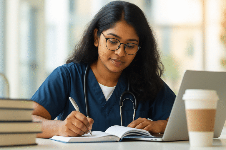 A focused Indian female medical student in scrubs is studying with a stethoscope around her neck, surrounded by books and a laptop—ideal representation for a blog on NEET preparation tips.