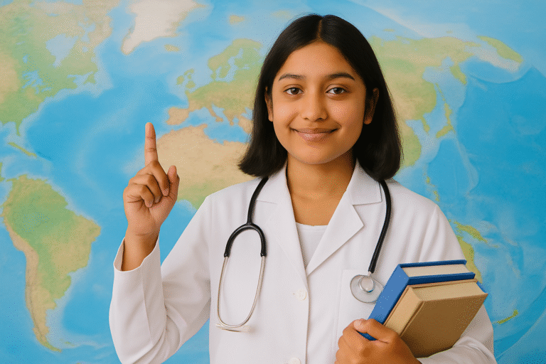 A young Indian woman in a white medical lab coat, smiling confidently in front of a bright, academic-style background, symbolizing the concept of pursuing MBBS abroad without NEET.