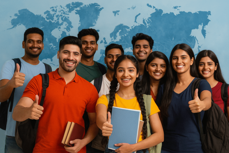 A group of cheerful Indian students, holding books and backpacks, standing in front of a blue wall with a faint world map in the background. This image represents students preparing for exams required to study MBBS abroad for Indian students.