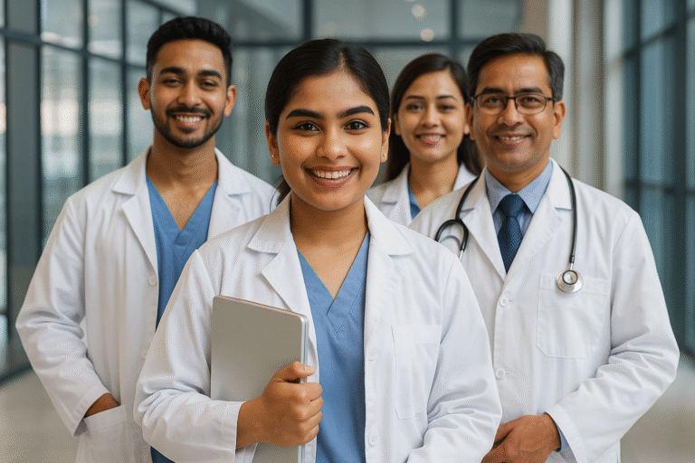 A group of young Indian medical interns in white coats standing together in a hospital corridor, smiling confidently, representing teamwork and determination amid the daily struggles of MBBS interns.