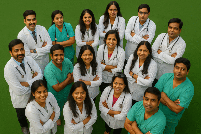 A group of South Asian medical students in white lab coats and scrubs stand in a green playground, looking up at the camera with confident expressions, reflecting the aspiration and unity in the medical profession—perfectly illustrating the question, Is MBBS worth your time.