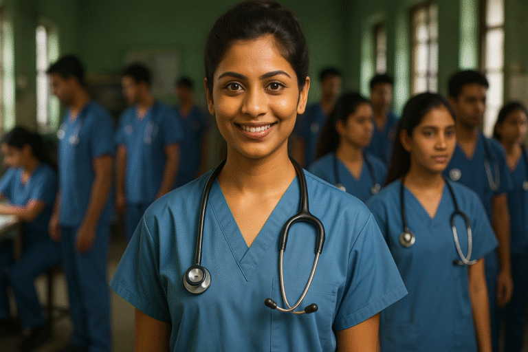 A confident Indian medical intern in blue scrubs stands smiling at the front of a hospital ward, with fellow interns visible in the background, visually representing the teamwork and diverse responsibilities of MBBS interns in clinical settings.