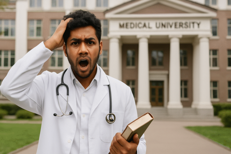 A shocked medical student in a white coat and stethoscope stands in front of a university building, holding a book tightly. The image represents the concept of pursuing MBBS without NEET, capturing the student’s surprised reaction in an academic setting.