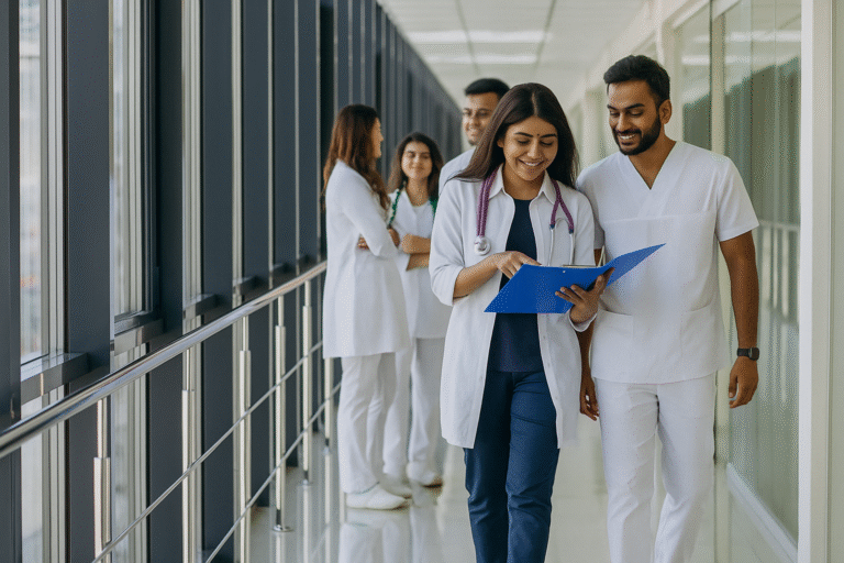 Group of young medical students walking and discussing in a modern hospital corridor, symbolizing international medical education pathways and addressing the question: Which Country MBBS Degree is Valid in India.