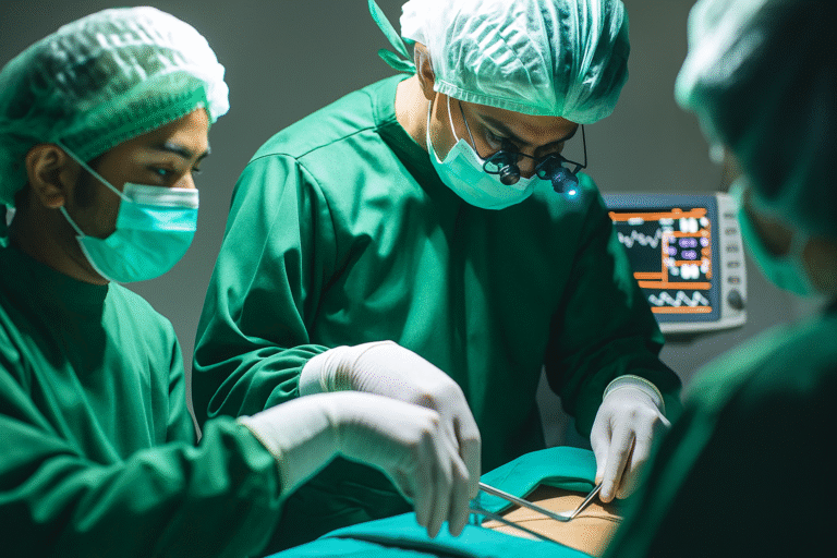 A team of Indian surgeons performing a complex operation in a modern operating room, symbolizing dedication, skill, and impact — showcasing why MBBS is the best career option in India for aspiring medical professionals.