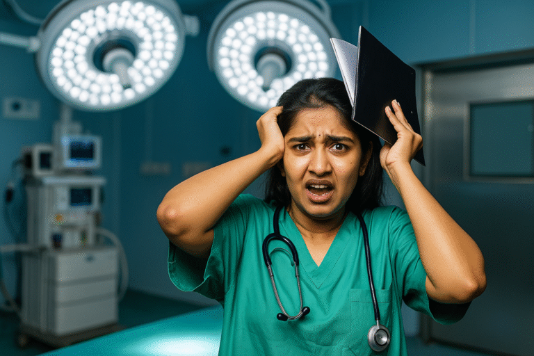 A young Indian female medical student in scrubs looks stressed while holding a file and pen on her head, standing in an operation theater setting — symbolizing the intense pressure and struggles of MBBS students.