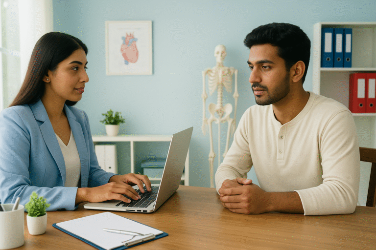 A counseling session in a modern university setting where a South Asian medical counselor discusses career options with two students, symbolizing guidance and admissions into the top private medical colleges in India.