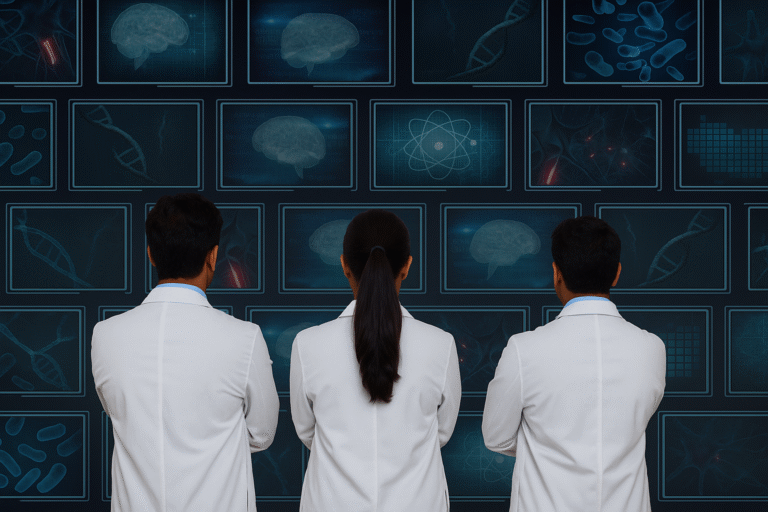 Three Indian doctors wearing lab coats stand in front of a large digital wall displaying medical graphics and brain scans, representing advanced research and innovation in healthcare. The scene symbolizes the academic excellence and futuristic environment found in the Top Government Medical Colleges in India 2025.